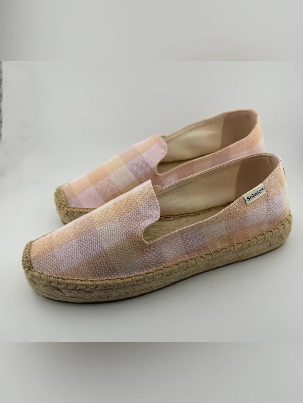 Soludos Pink and Tan Plaid Espadrille Slip-Ons
